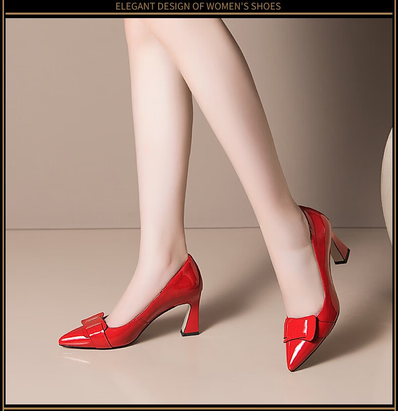 可欣百丽真皮高跟单鞋女尖头粗跟浅口女鞋蝴蝶结新款职业工作鞋简约