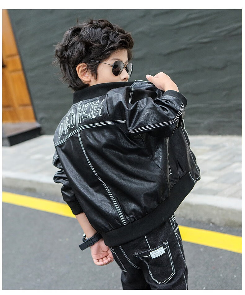 蕊派 男童皮衣春秋款外套儿童机车黑色皮夹克男宝时髦宝宝帅气潮酷