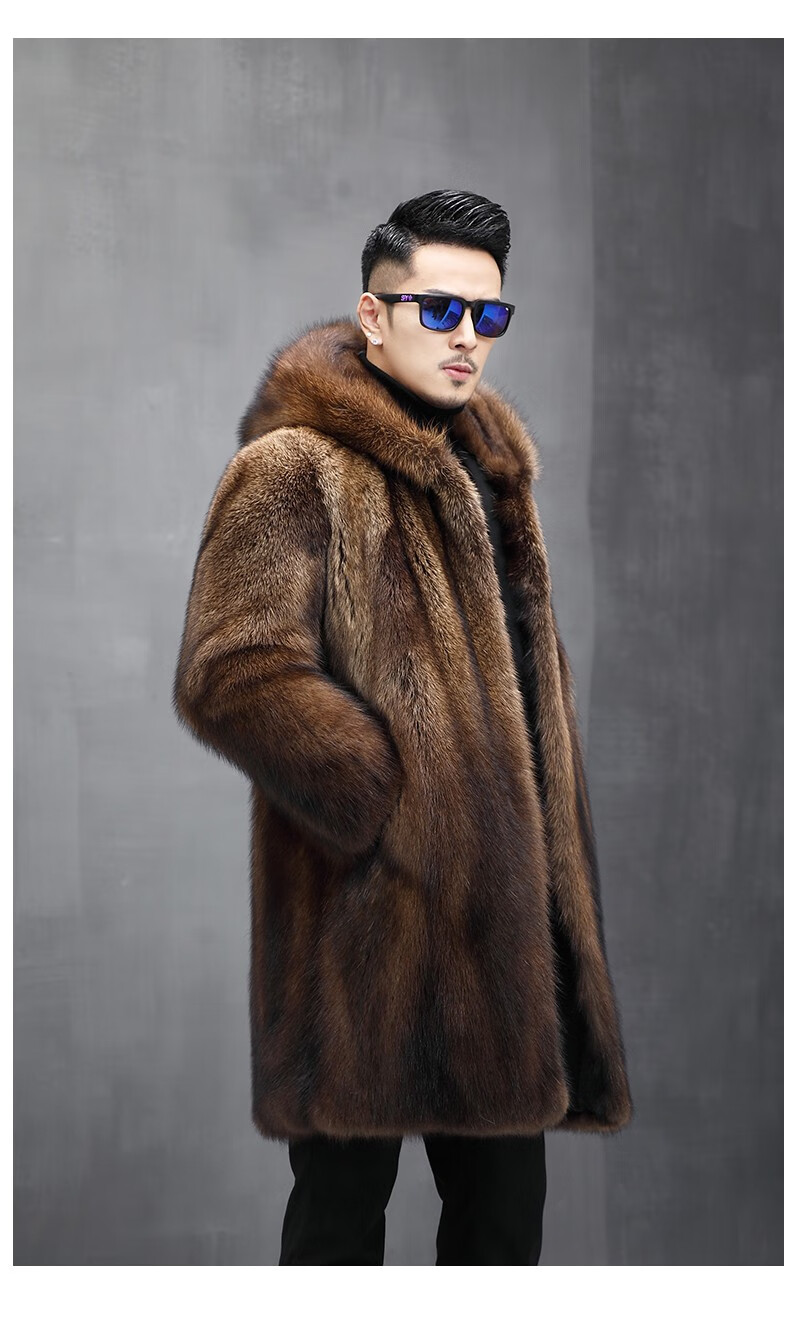 恒源祥2022新款北美进口渔貂皮草外套男貂皮大衣男整貂潮中长款连帽