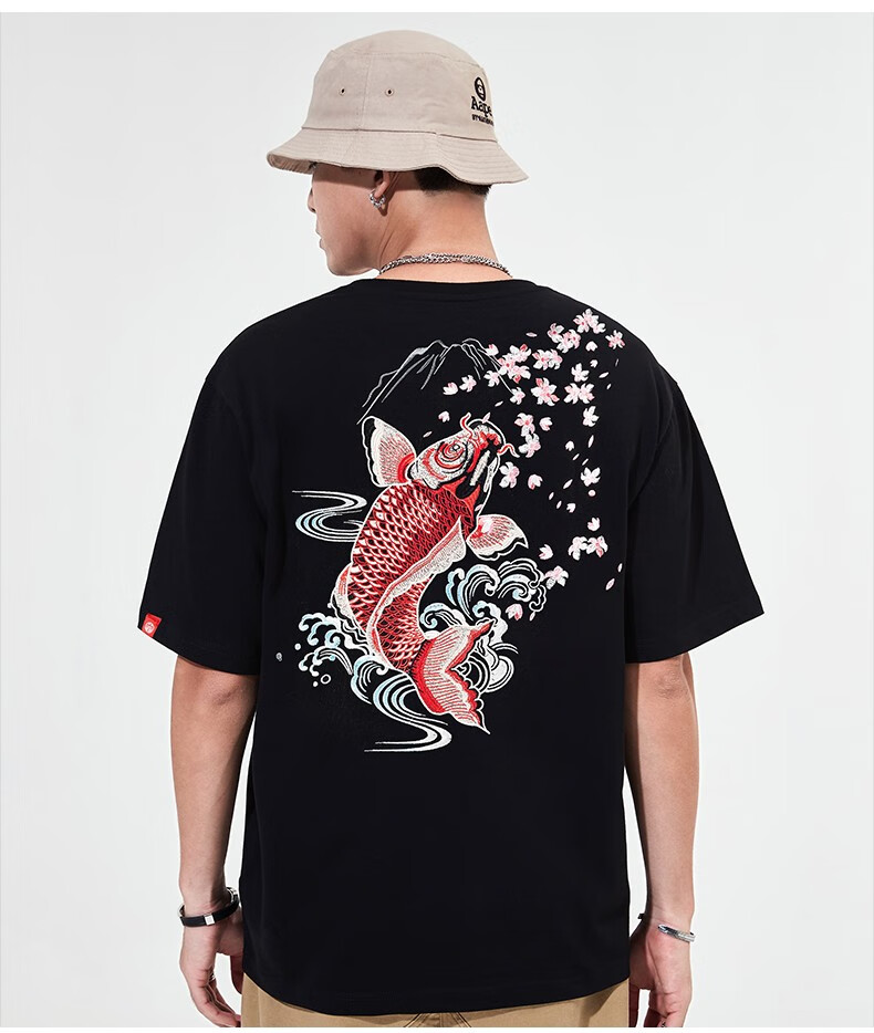 尊誉马国潮中国风重工刺绣鲤鱼纯棉短袖t恤宽松民族风夏季新款半袖