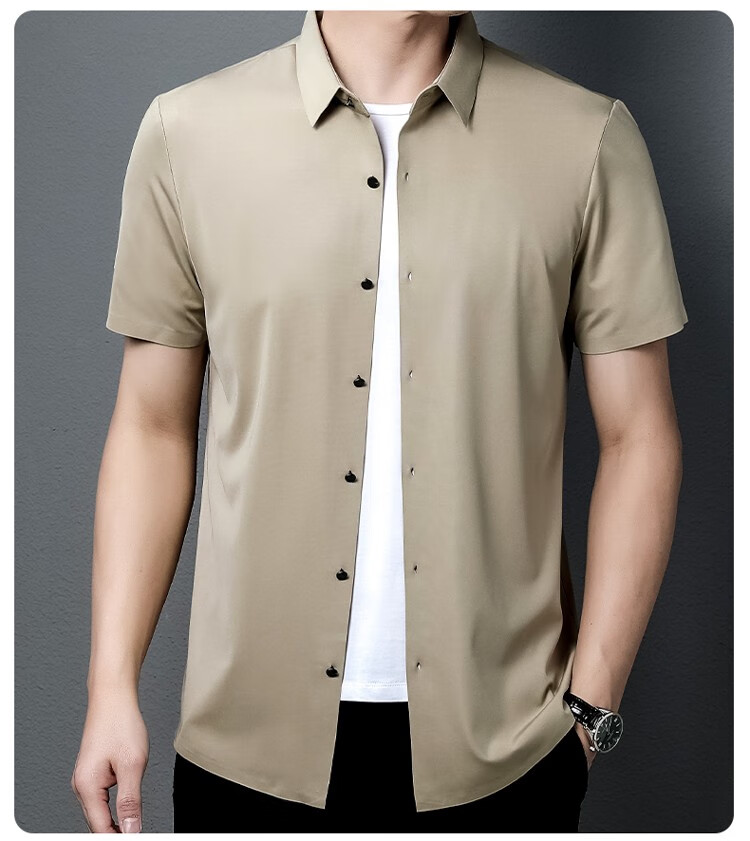 洛兹衬衫男无痕冰丝纯色男士短袖衬衣男夏季薄款半袖衬衣 330绅士黑 m