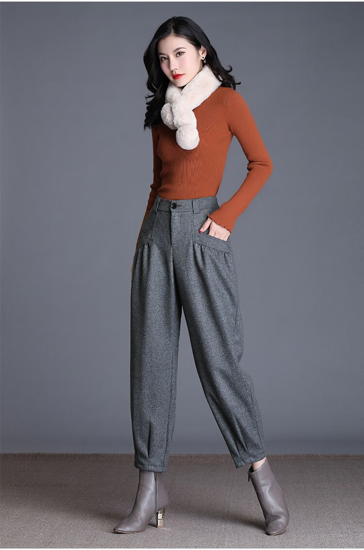 姬婷静秋冬阔腿毛呢灯笼裤女加厚松紧腰垂感哈伦裤灰色28码