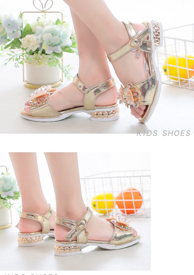abciicn女童露趾凉鞋夏季新款时尚中大童公主儿童小女孩蝴蝶结水晶