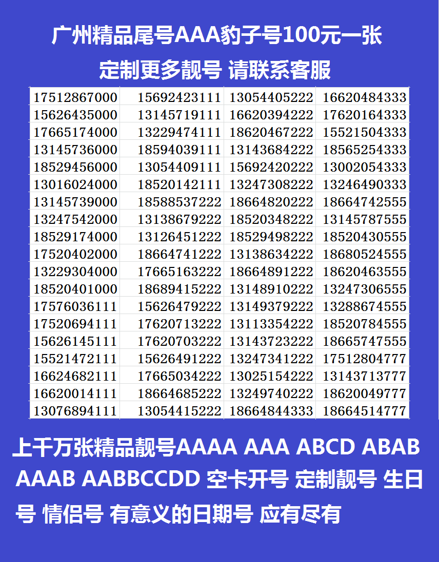 佛山中山珠海韶关惠州手机号联通大王靓号顺子号生日号包月卡集团套餐