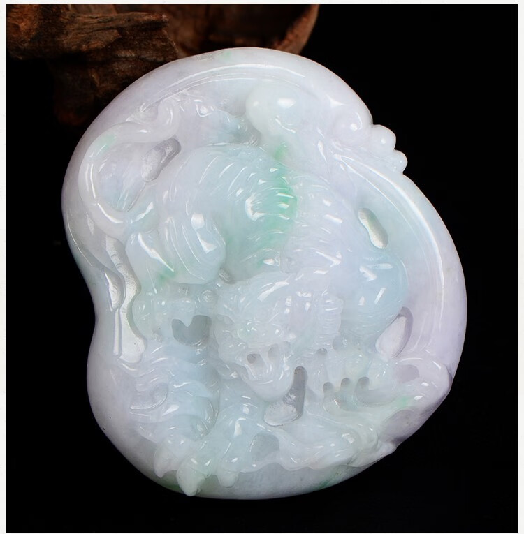 珑翠福缅甸翡翠a货阳绿下山虎吊坠 大款细糯冰男女款十二生肖老虎玉