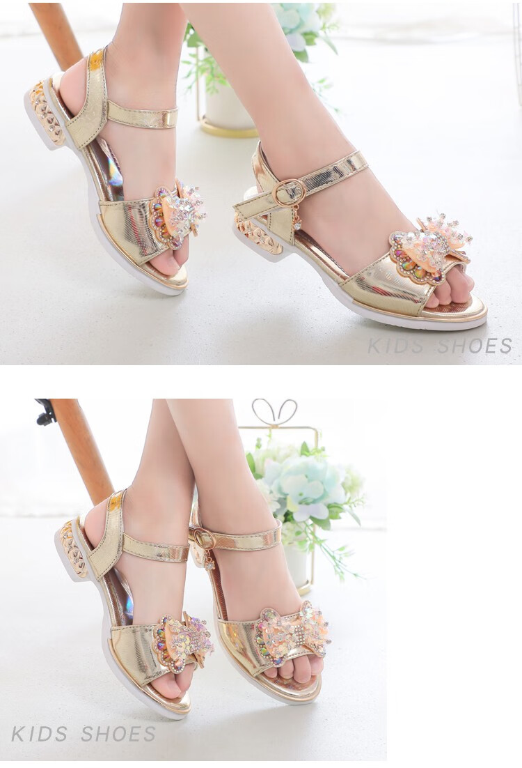 abciicn女童露趾凉鞋夏季新款时尚中大童公主儿童小女孩蝴蝶结水晶