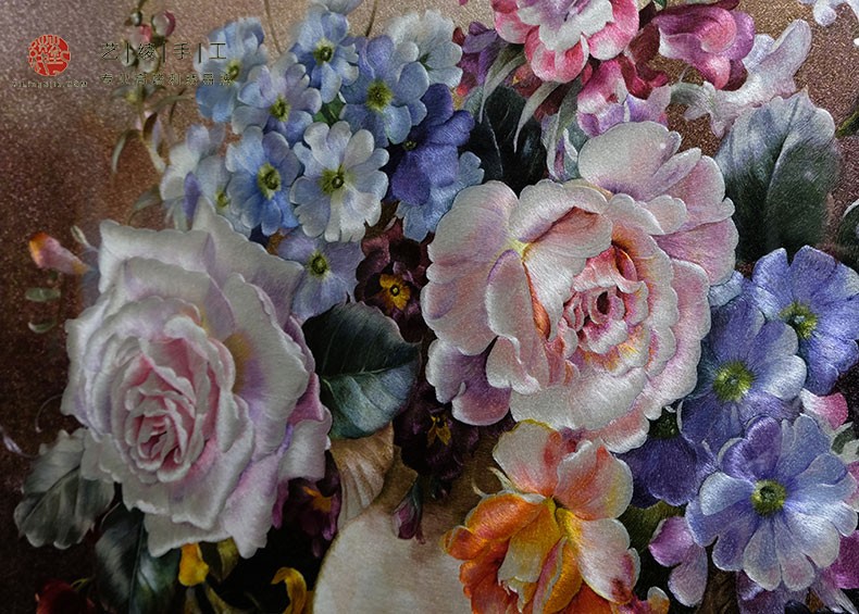 精品满绣苏绣装饰画 现代欧式油画插花绣画 工艺师藏品刺绣 别墅客厅