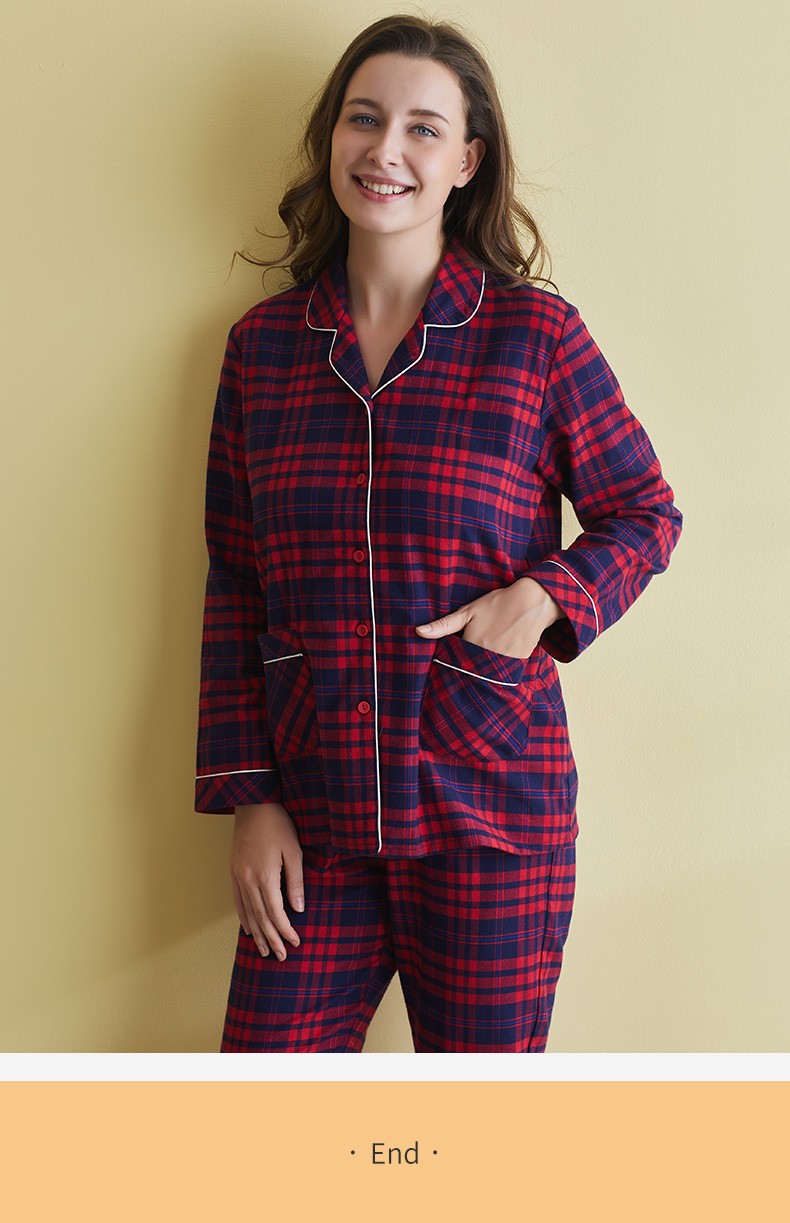 仕乐情侣法兰绒睡衣纯棉中厚家居服时尚格子秋冬款男女可外穿套装红蓝