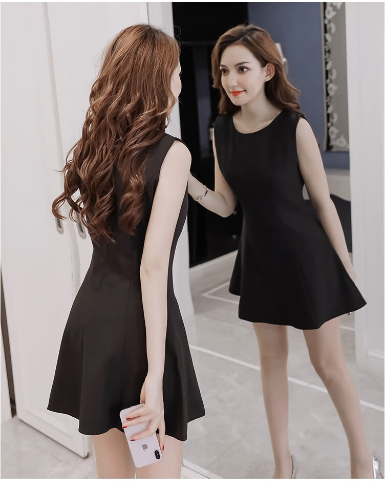 情蜜妮小黑裙短款2020夏季新款韩版a字修身纯色无袖背心裙显瘦连衣裙