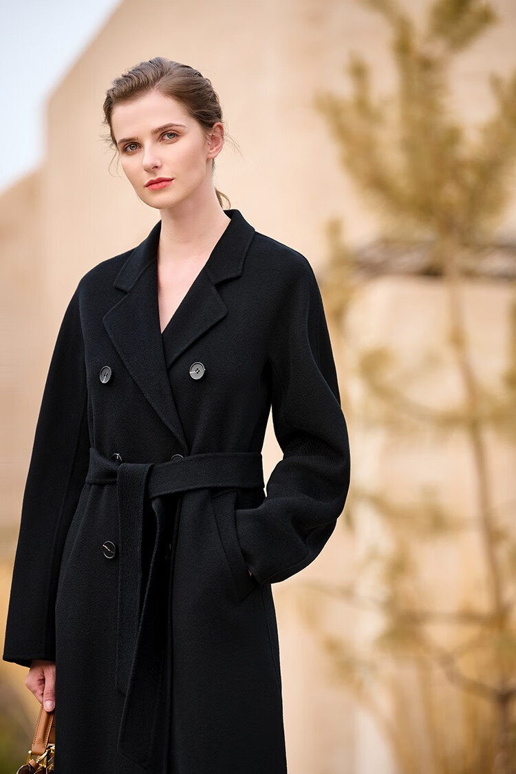 瑟俐品牌高端黑色101801水波纹双面纯羊绒大衣女中长款羊毛呢外套秋新