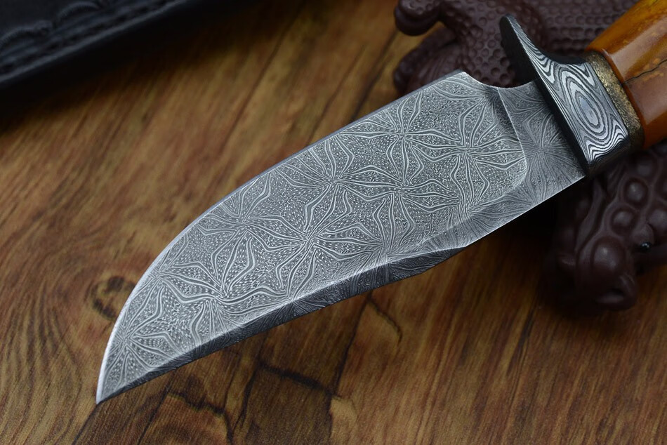 雨轩户外马赛克大马士革直刀稳定化鹿角手柄户外小刀收藏送礼刀具