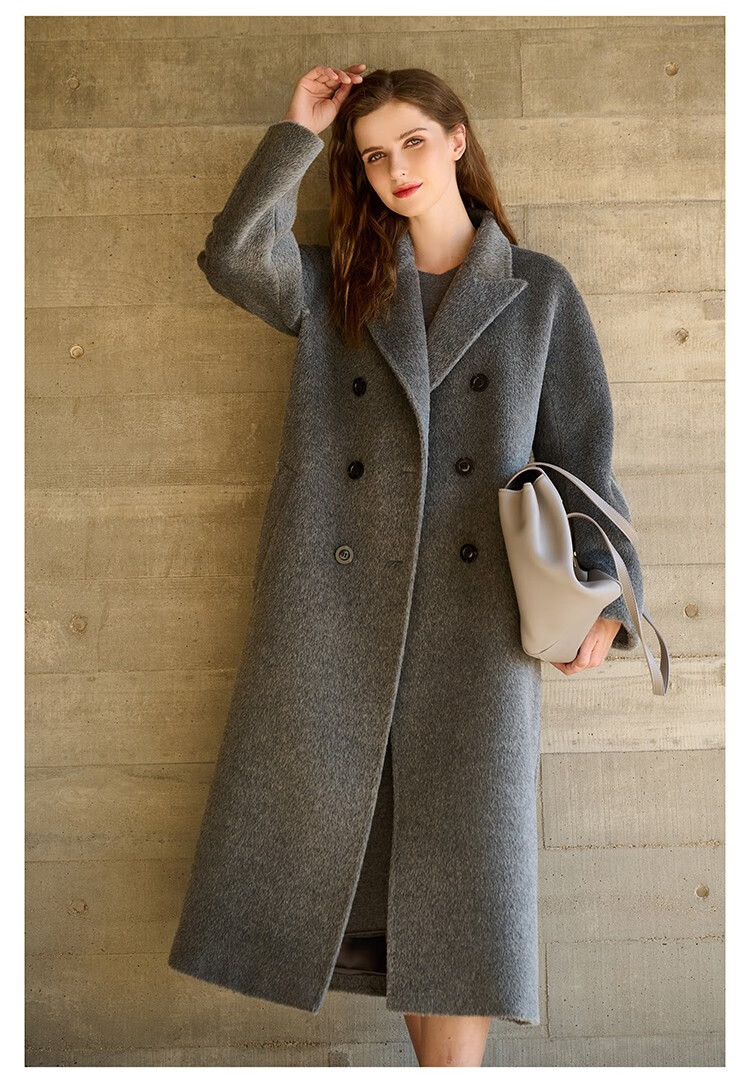 瑟俐品牌灰色苏力羊驼绒大衣女中长款双面高端阿尔巴卡外套2022年新款