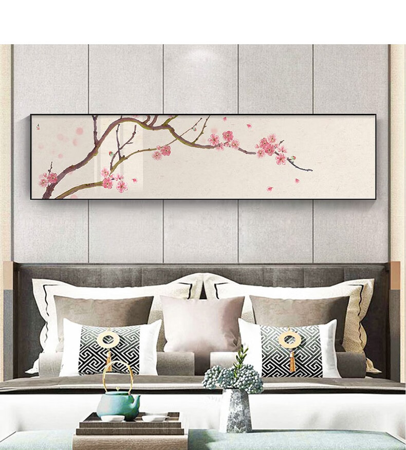 佰水峰新中式卧室装饰画现代简约床头画玉兰花挂画卧室横版单幅壁画晶