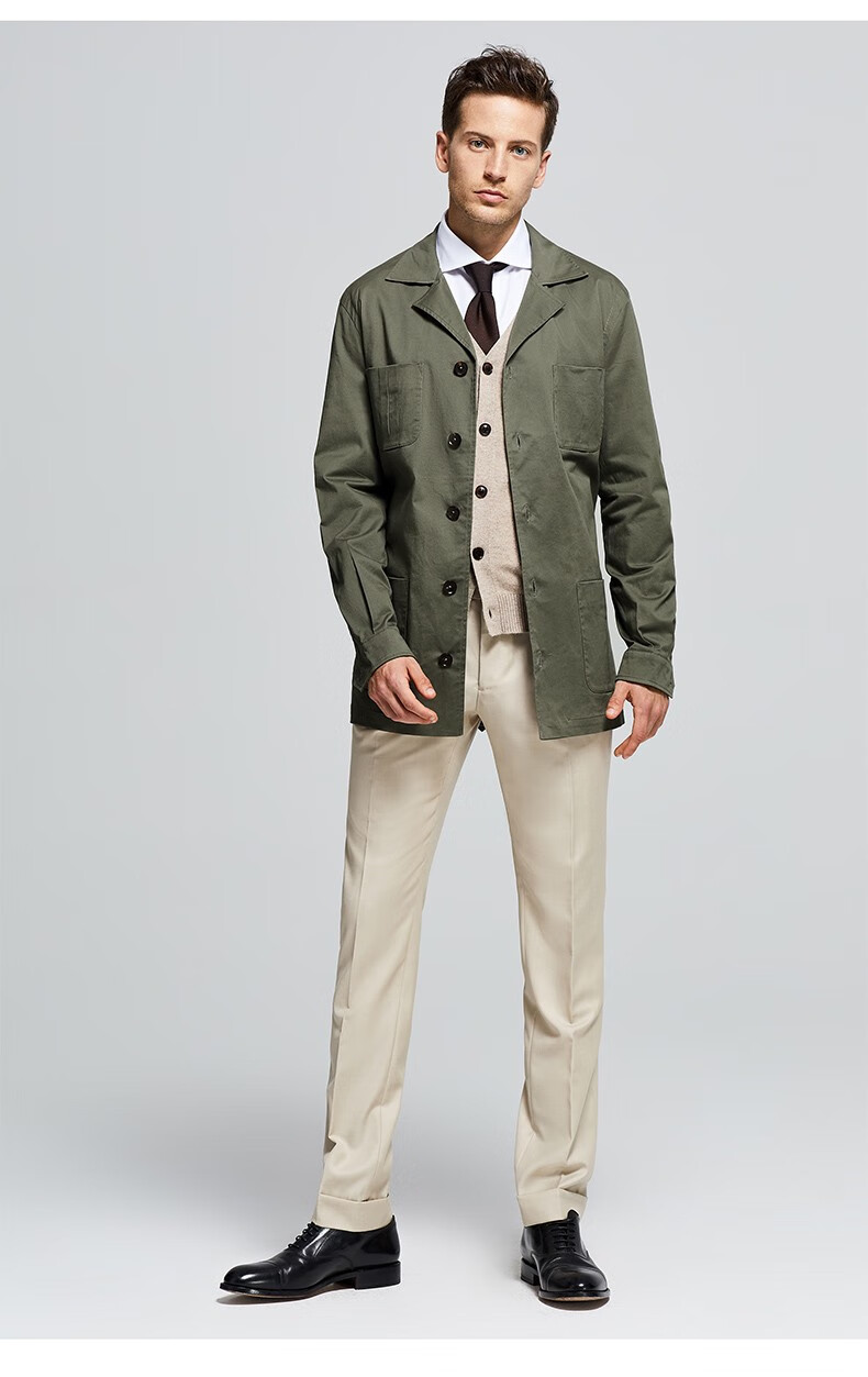 bycreations柏品男士系带修身休闲猎装夹克简约纯色中长款夹克外套男