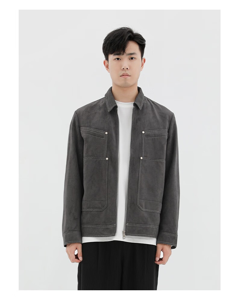 anyview 男装 夹克男明线潮流茄克仿麂皮夹克外套秋 灰色 l【图片