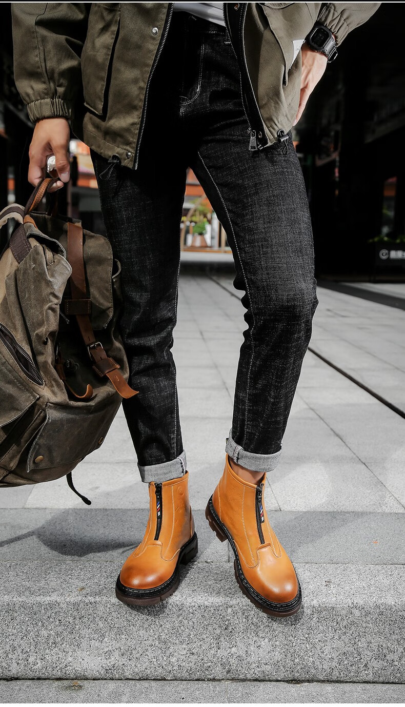 千色公牛皮鞋男英伦压花高帮男靴厚底大头工装皮靴时尚百搭配牛仔裤穿