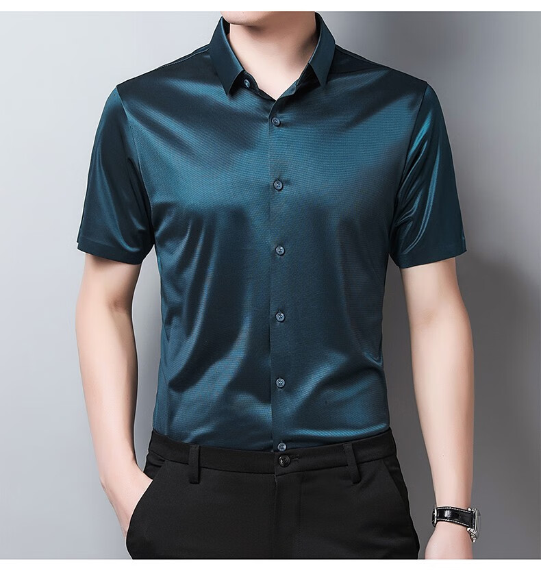 袋鼠冰丝衬衫男短袖再生纤维纯色亮面丝绸衬衣透气排汗宽松休闲男装