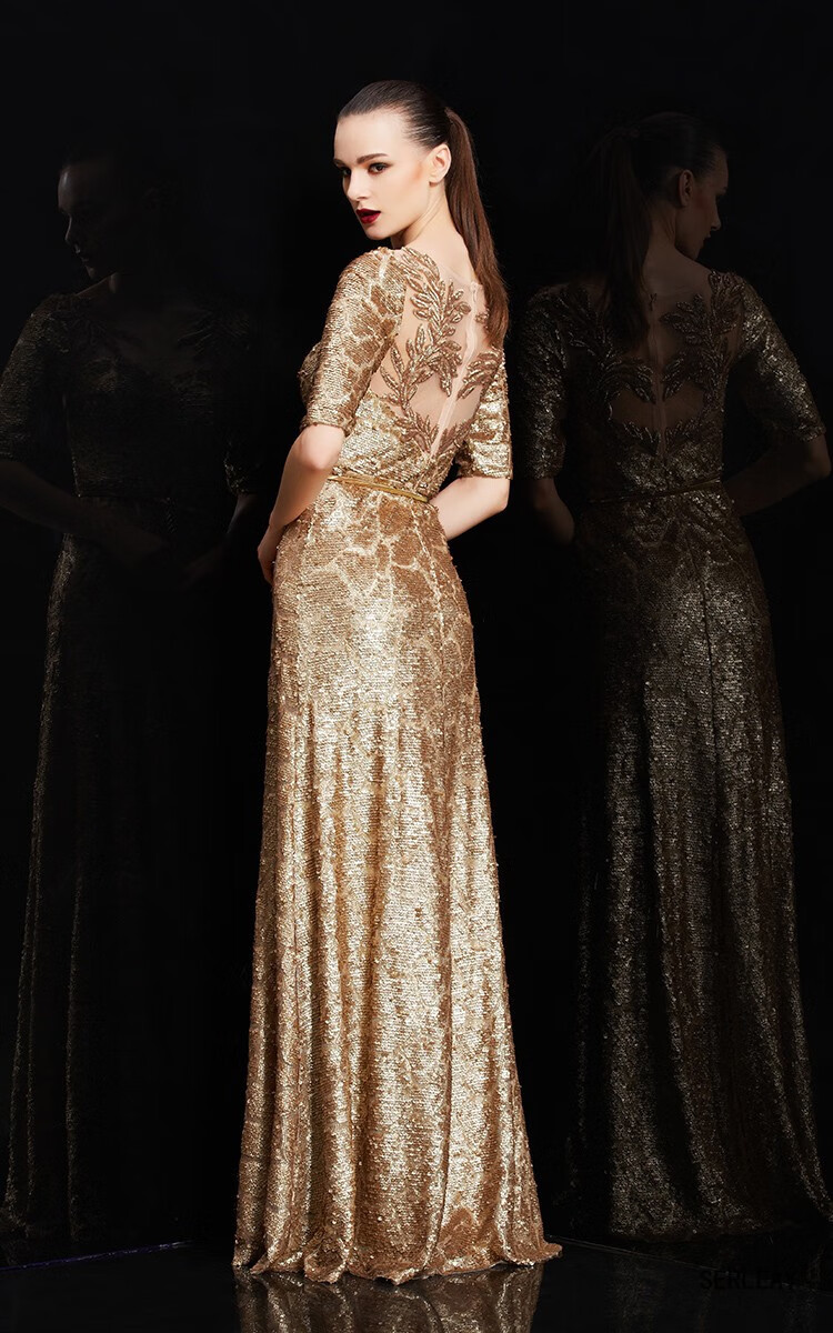 瑟俐(serleay)品牌高端定制金色性感刺绣镂空晚礼服秋冬2020新款长裙