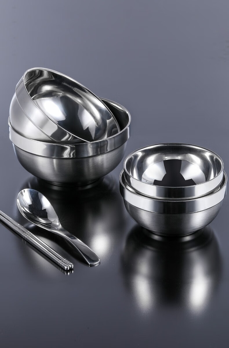 龙之帆儿童食品级不锈钢碗双层吃饭碗汤碗食堂家用成人大碗铂金碗15cm