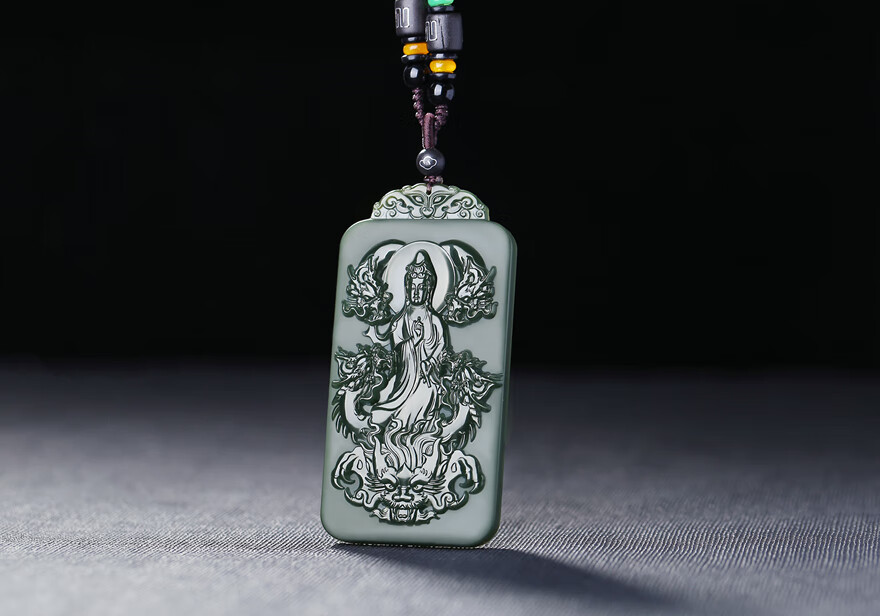 新疆和田玉塔青青玉九龙观音双面雕刻挂件吊坠约50g