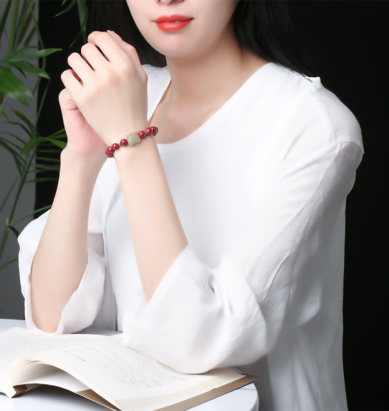 珠玥珠宝天然原矿朱砂手串女紫金砂佛珠手链和田玉生肖属虎本命年礼物
