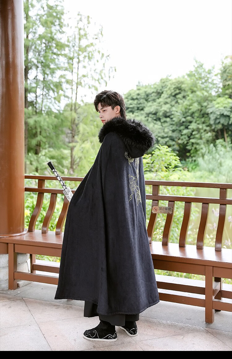 fgacct披风毛领黑色汉服斗篷男秋冬长款加绒加厚连帽中国风超仙古装