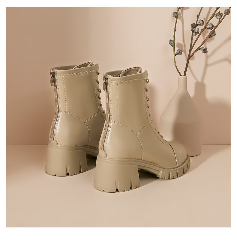马丁靴女2021年冬季新款百搭短靴英伦风便捷后拉链显瘦机车单鞋女杏色