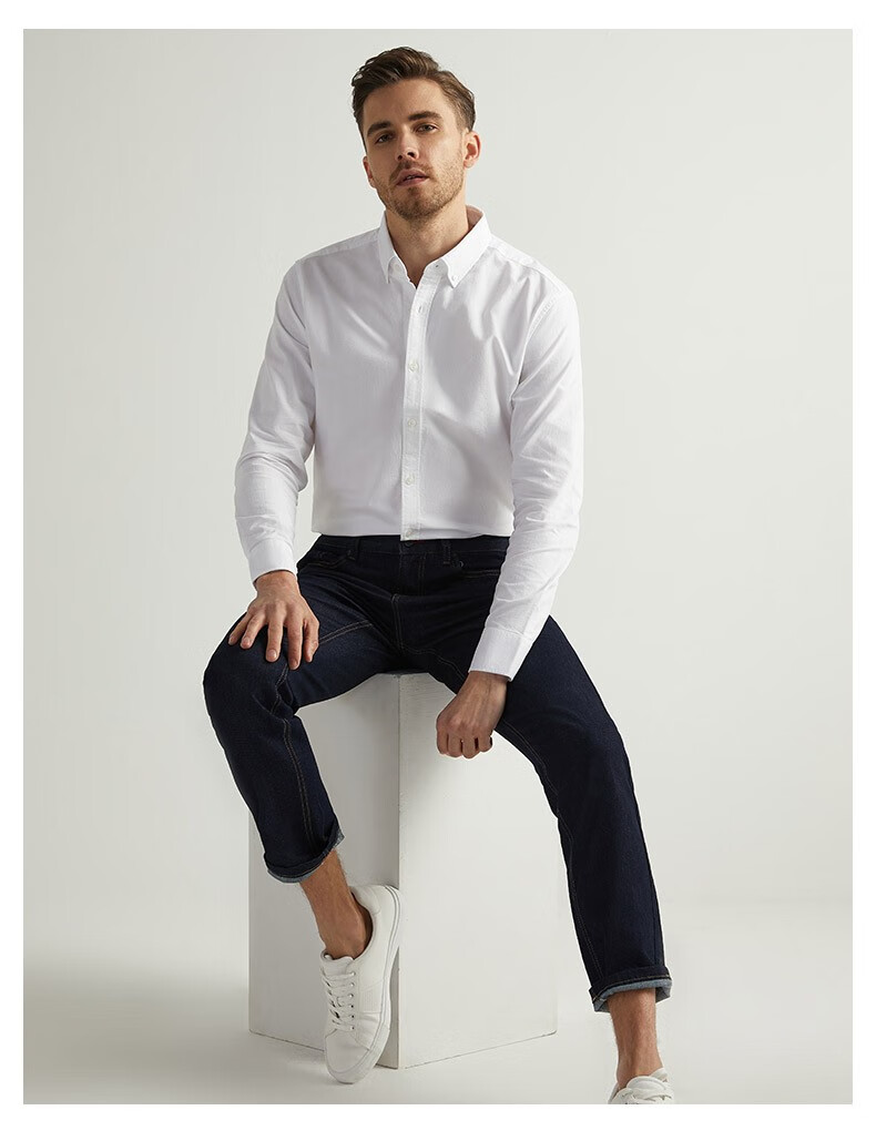 daniel hechter /丹尼爱特 男士全棉牛津纺休闲百搭纽扣领衬衫 白色