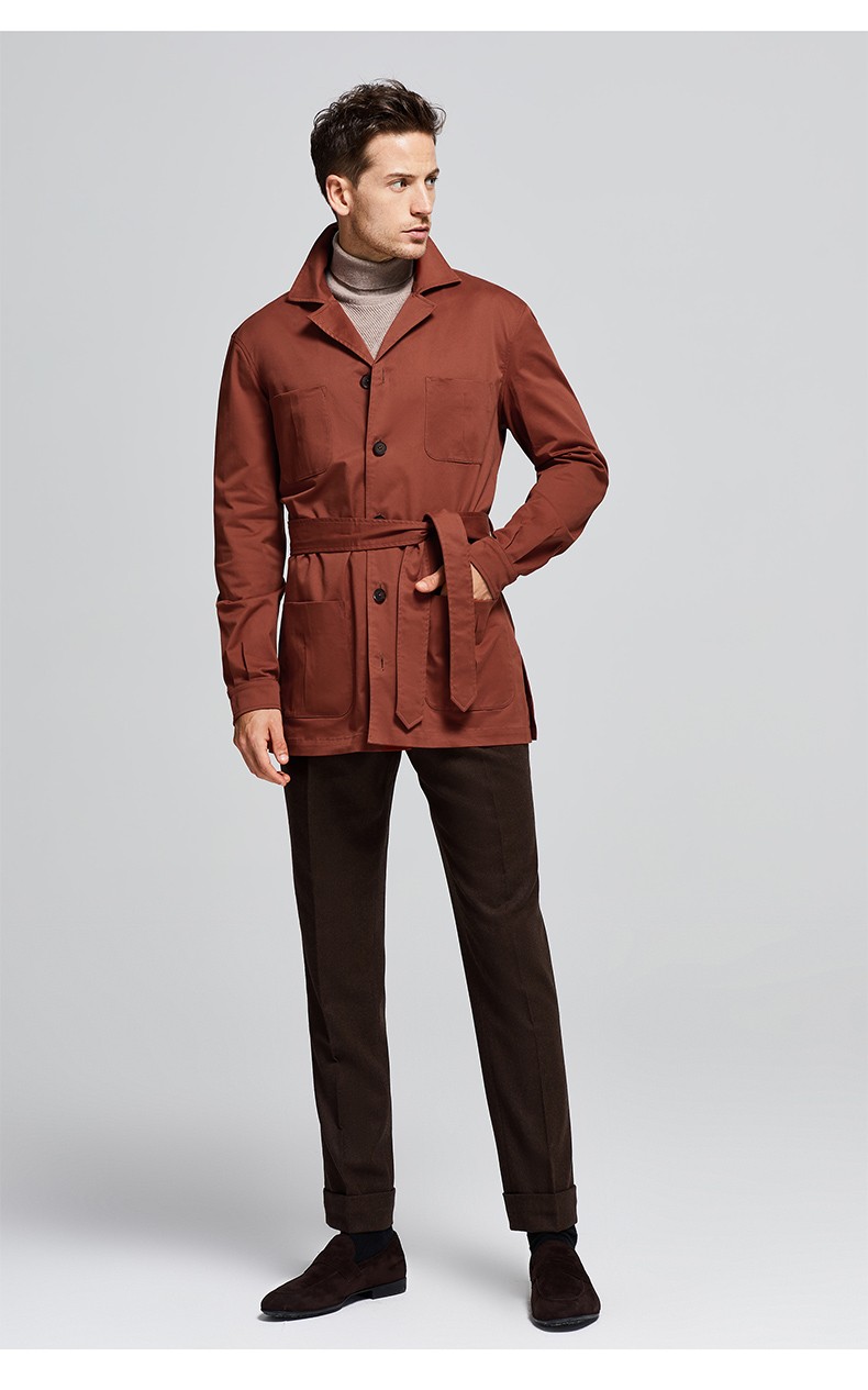 bycreations柏品男士系带修身休闲猎装夹克简约纯色中长款夹克外套男