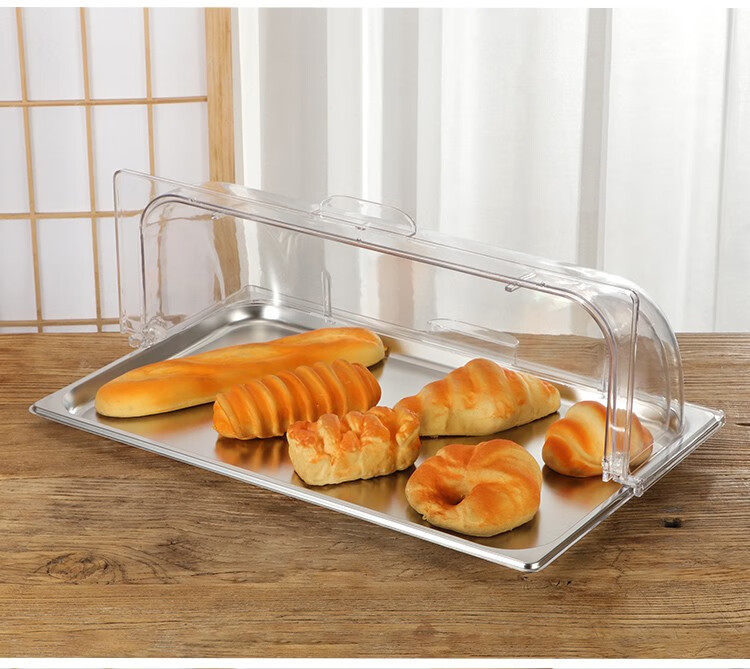 煜尚冷餐盘防尘面包篮蛋糕点心托盘透明带盖不锈钢自助餐水果展示盘