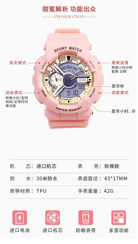 独角兽ins超火樱花粉林小宅电子手表男女学生韩版简约夜光少女心白色