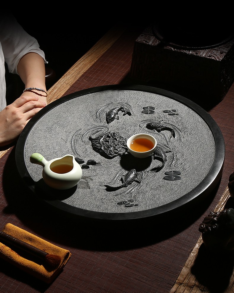 枫岚情 整块乌金石茶盘手工浮雕茶托古典圆形茶盘家用功夫茶盘 如鱼得