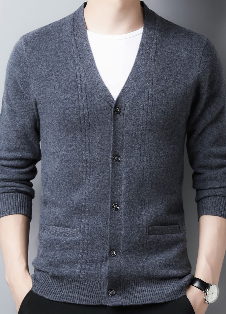 伦羊毛衫男士针织开衫100纯羊毛秋冬时尚休闲纽扣v领外套毛衣男装上衣