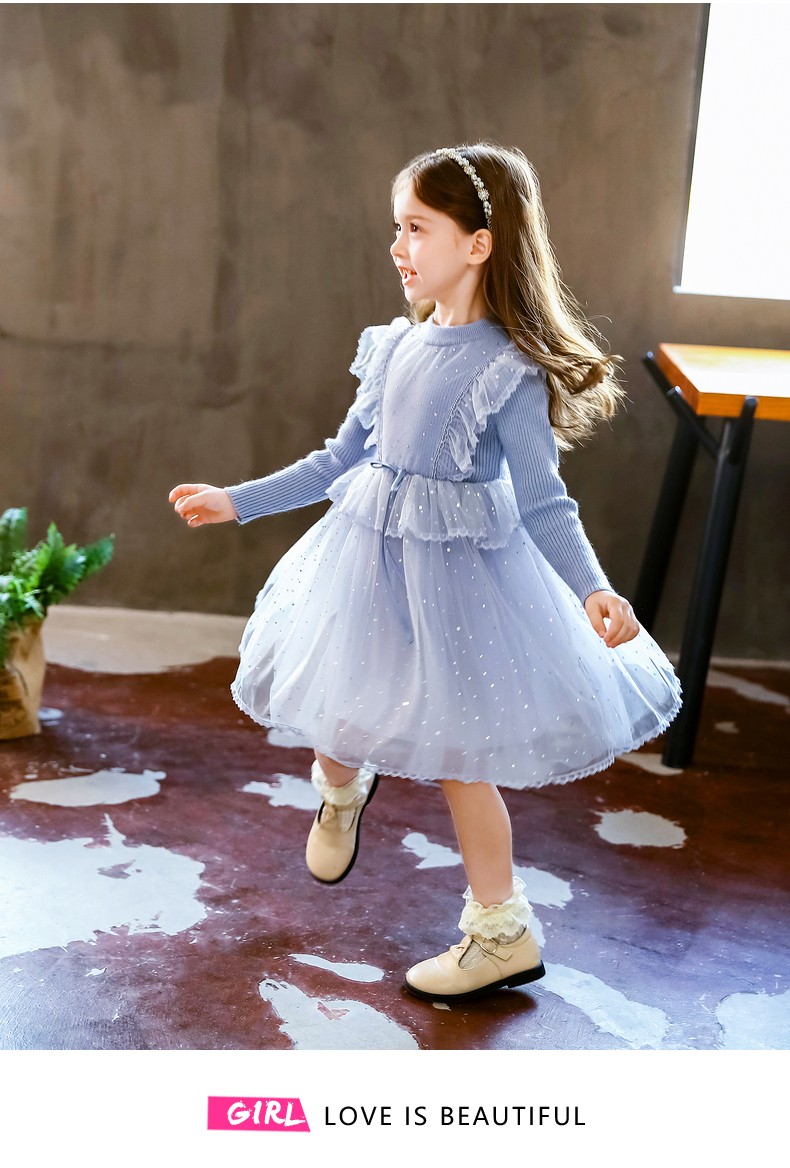 女童长袖连衣裙洋气2020秋冬新款亮晶晶毛衣网纱裙儿童针织公主裙