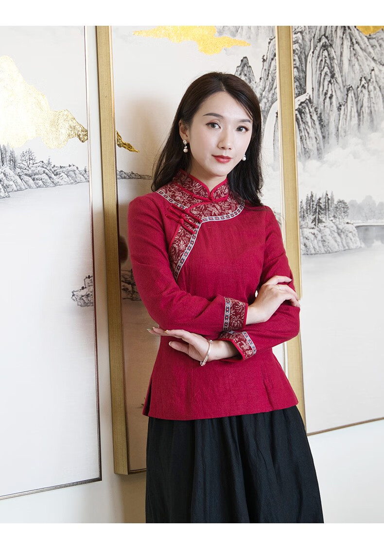 筠雅秋半身旗袍上衣中式唐装红色棉麻复古长袖盘扣修身中国风女装j1