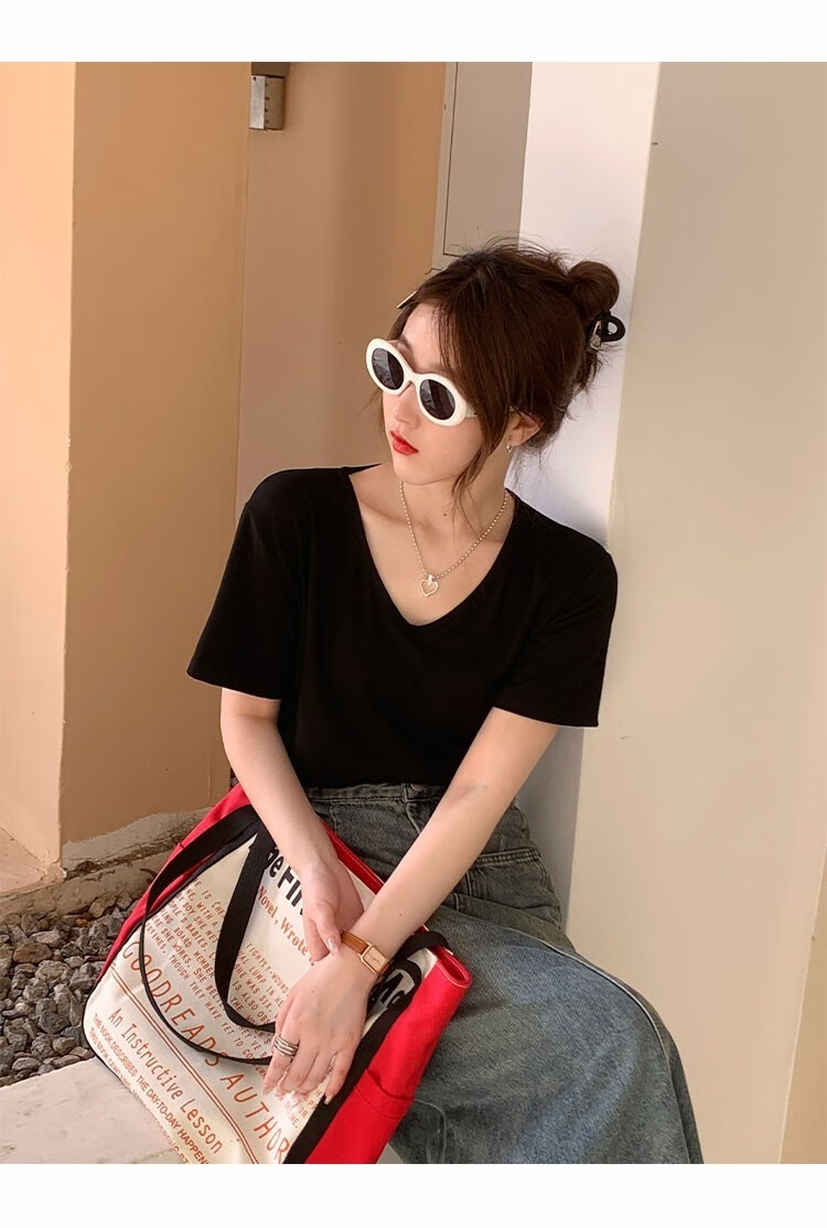 静鹿2件装凉感莫代尔t恤女夏装短袖2023年新款宽松纯色上衣薄款黑白xl