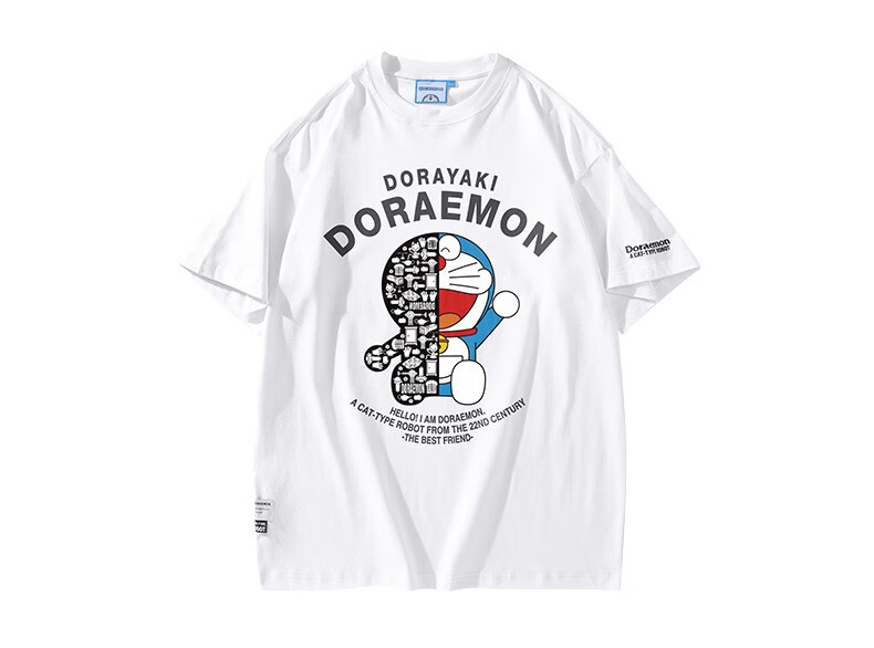doraemon哆啦a梦机器猫字母印花圆领落肩宽松短袖t恤男女同款黑色s