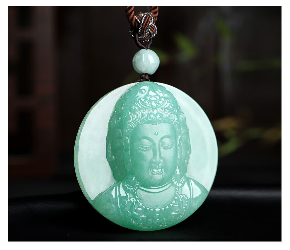 印象眸 a货翡翠观音吊坠三面观世音菩萨头像玉石挂件 翡翠观音吊坠