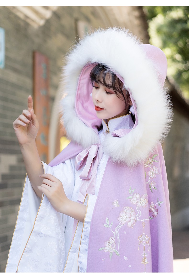 汉服斗篷披风女加厚加绒寻花绣花毛领保暖百搭秋冬季汉服外套藕色均码