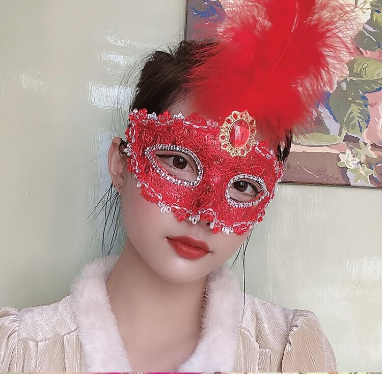 万圣节化妆舞会女款羽毛古风半脸公主面具舞台演道具喜嘉华 红色