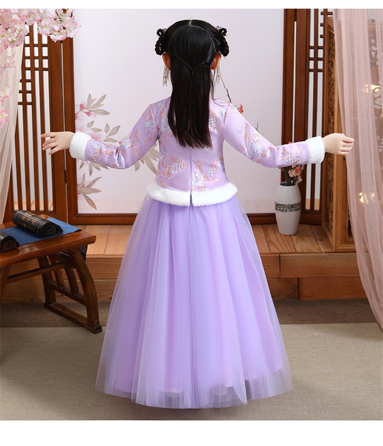 古装女童长袖民国风小女孩旗袍唐装古筝演出服 紫色【加绒】收藏加购