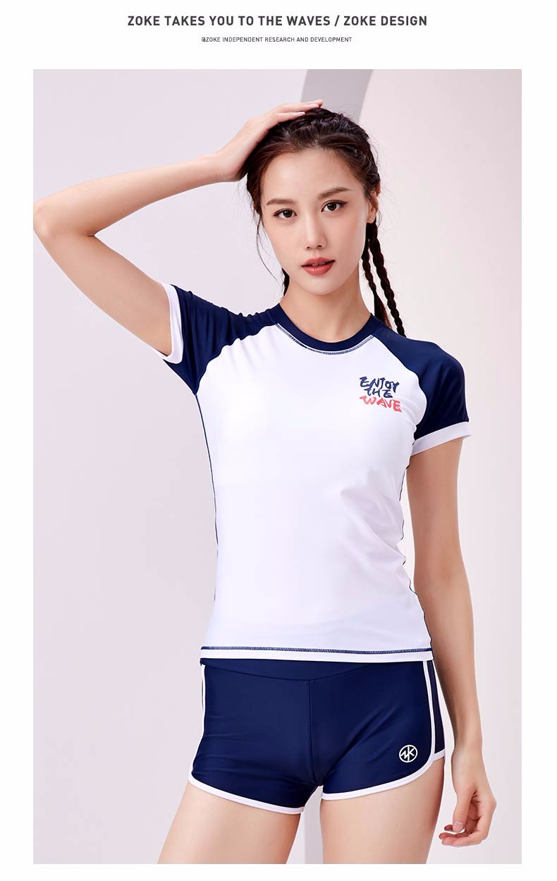 洲克zoke泳衣女分体平角两件套遮肚显瘦运动健身游泳训练游泳衣兰白花