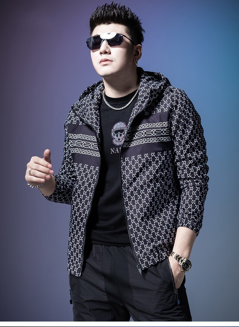 hteec香港潮牌外套新款男士韩版潮流帅气连帽时尚格子印花男装夹克