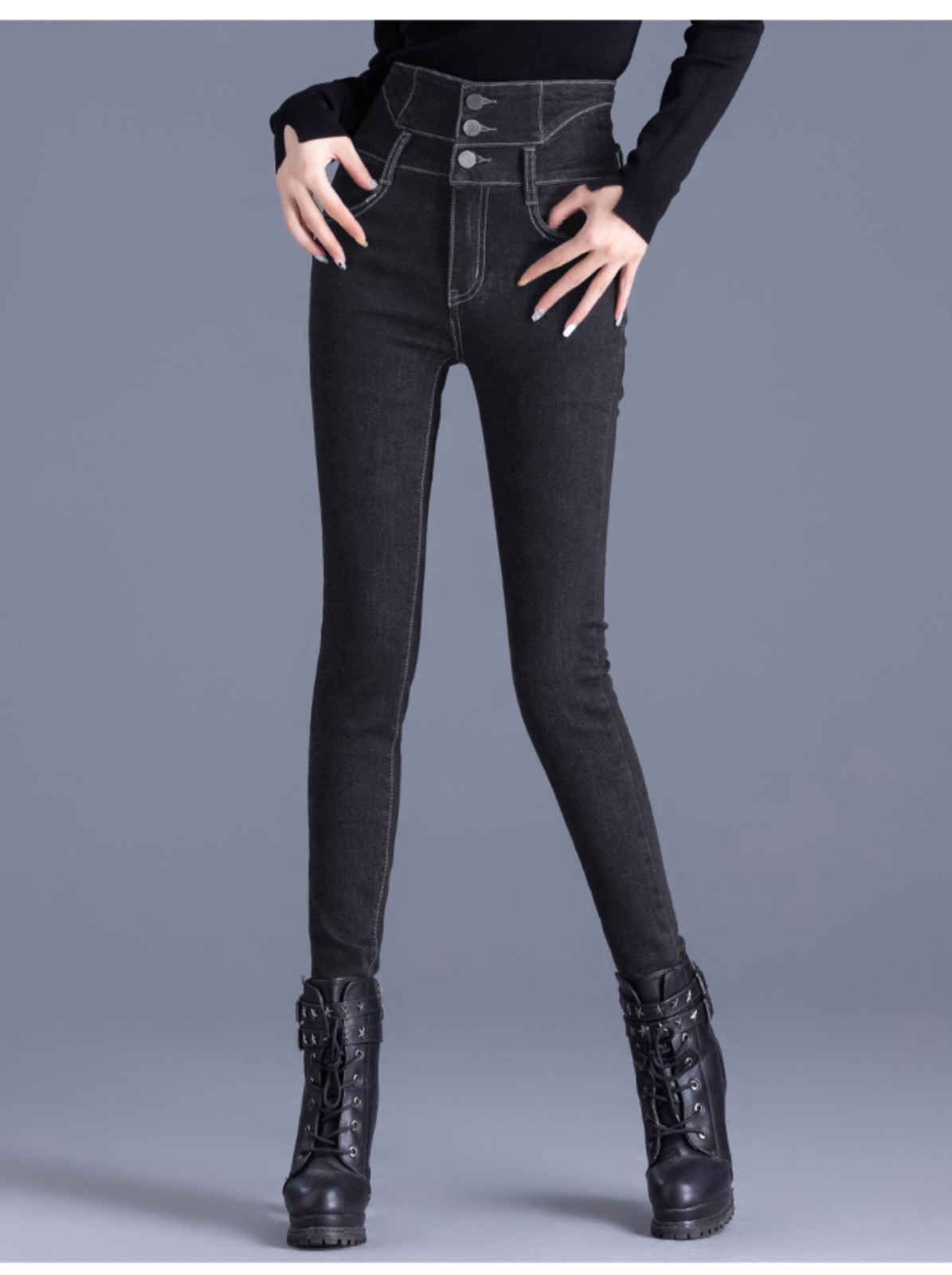 箐冉儿 加绒牛仔裤女2020年新款秋冬外穿小脚裤铅笔裤超高腰长裤 蓝灰