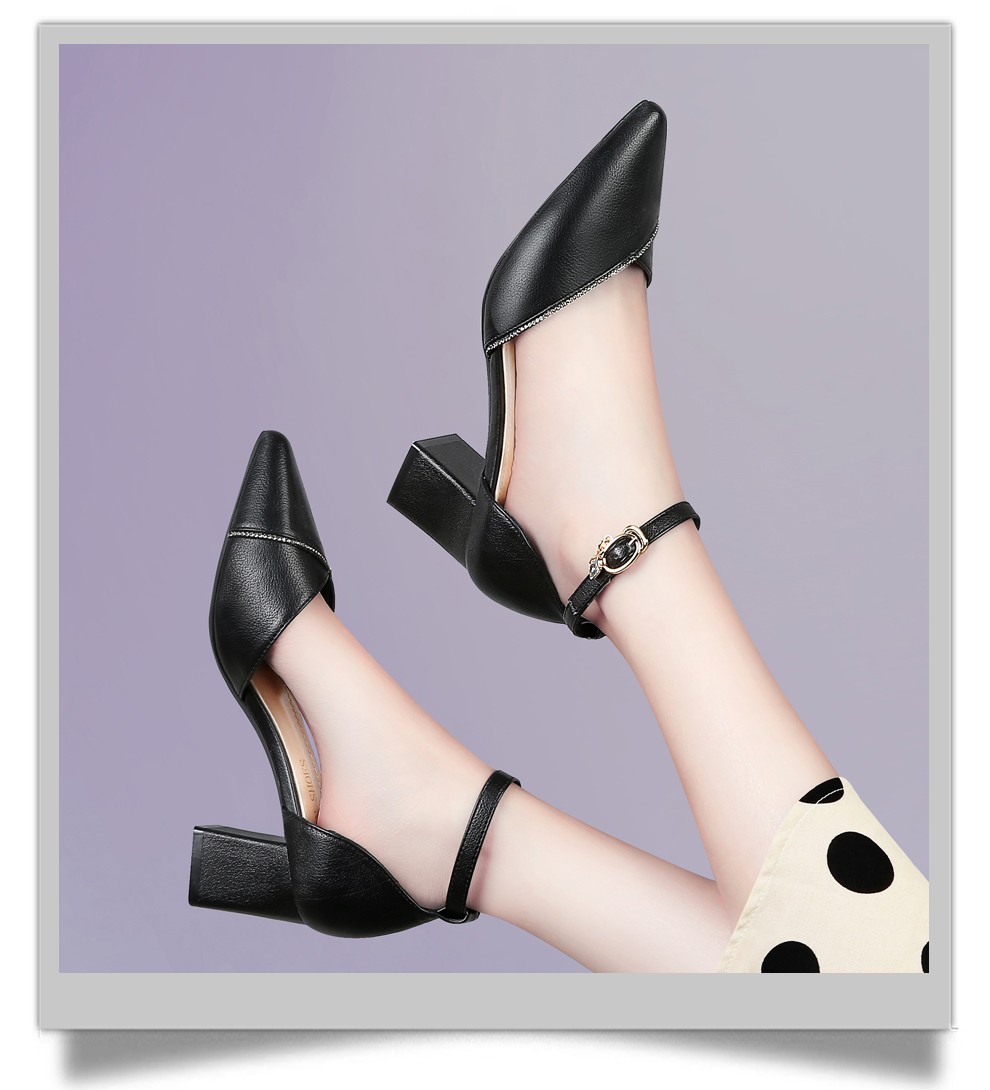 单鞋女2020秋季新款女鞋子尖头粗跟高跟鞋一字扣带中跟女士皮鞋休闲鞋