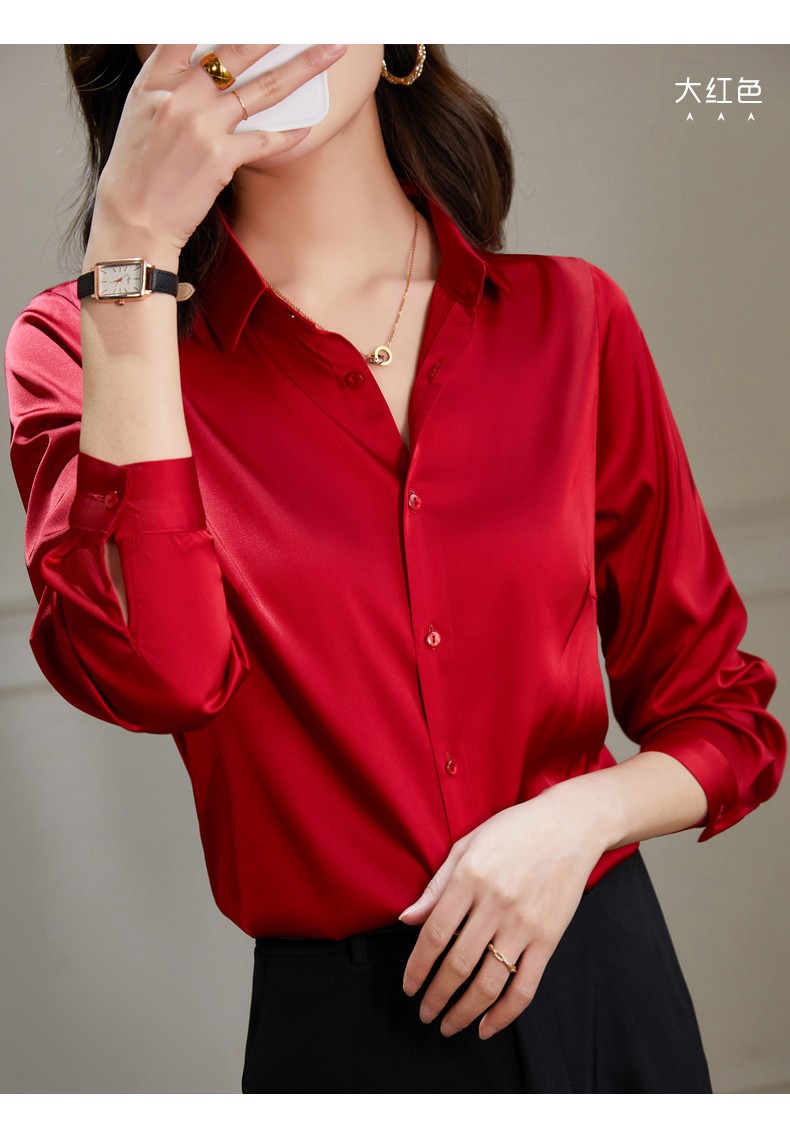 夏季新款衬衫女士基础款纯色衬衣女2022亮面职业装上衣a9009 大红色