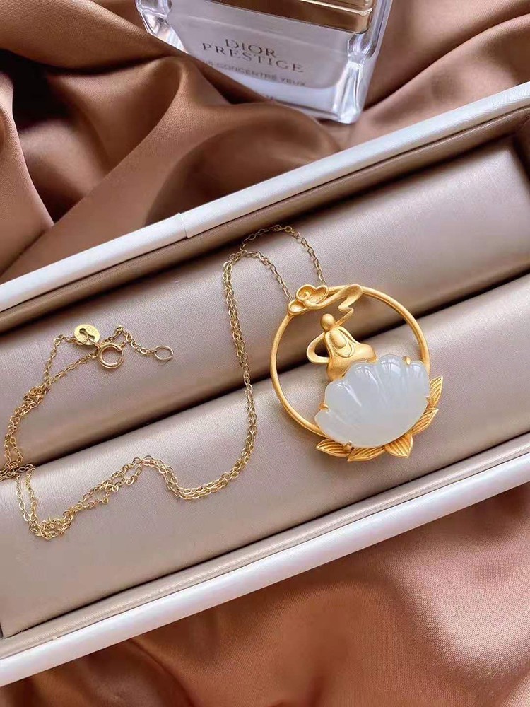 项链女复古民族中国风复古925银鎏金莲花镶嵌和田玉吊坠款玉石