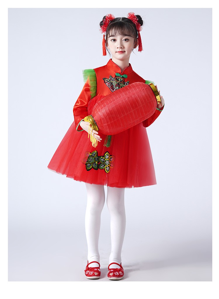 六一儿童说唱中国红女童喜庆演出服幼儿园学生舞蹈蓬蓬纱裙表演服无袖