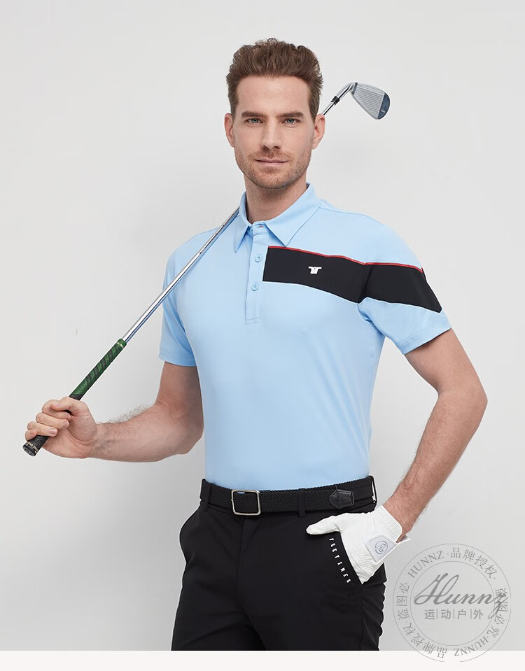 hunnz品牌高尔夫服装男装短袖时尚翻领拼色运动t恤2022夏季新款速干
