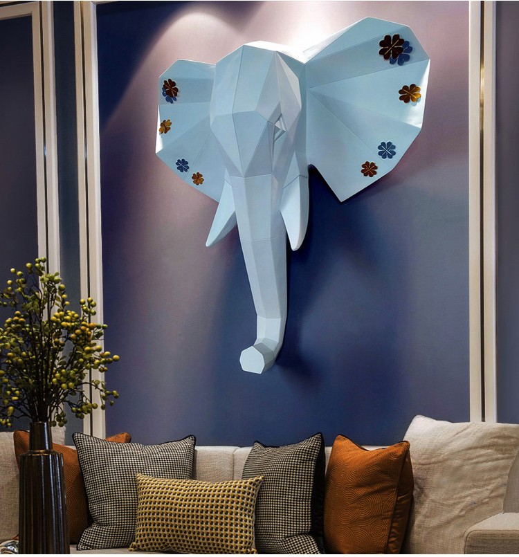 ins北欧几何大象头墙面装饰壁挂客厅酒吧背景墙饰立体动物头蓝色大号